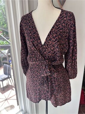 FREE PEOPLE Floral Faux-Wrap Mini Long Sleeve V-Neck Dress Boho Black Pink Sz XS